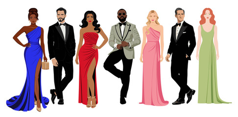 Wall Mural - Set of different multiracial people wearing fashionable clothes for evening event, cocktail or party. Men in tuxedo, women in gowns. Realistic vector illustration isolated on transparent background.