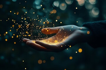 A hand holds glowing, sparkling magic particles that float in the air, creating a magical effect against a dark bokeh background.