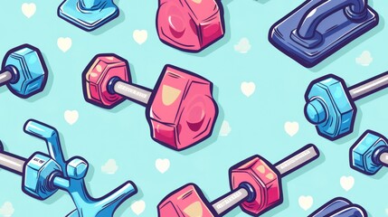 Seamless pattern of colorful gym equipment. dumbbells and grip strengtheners on blue background with hearts.  Concept of fitness, workout, gym, healthy lifestyle, bodybuilding, weightlifting, sport