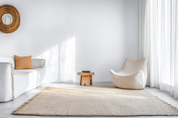 Scandinavian minimalist living room interiors with natural elements together with neutral colors and lighting