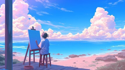 A young Asian male artist paints at an ocean view, capturing a beautiful landscape.