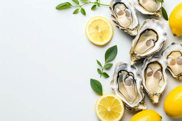 Top view of fresh opened oysters and lemon on a white background with free copy space.