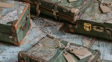 Vintage Suitcases on Antique Maps. Embark on a Journey of Exploration and Travel