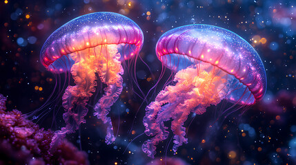 Wall Mural - illustration of two colorful baby jellyfish in the sea