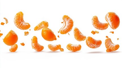 A row of mandarin orange segments are flying in the air, isolated on a white background.