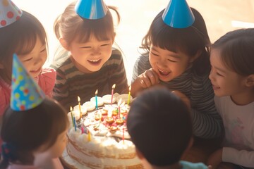 A group of children blowing out birthday candles