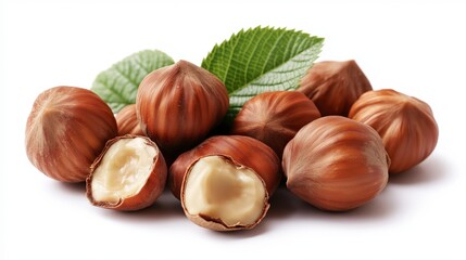 Wall Mural - A group of hazelnuts with two halved hazelnuts and a few leaves on a white background.