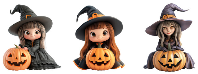 Halloween cute witch 3d character cartoon style with pumpkin, isolate on transparent background