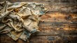 © Achiraya - Crinkled, stained, and frayed old cloth with grease smudges, torn edges, and faded colors, lying crumpled on a worn, wooden surface amidst scattered debris.