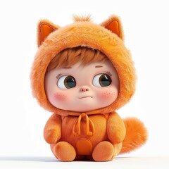 Cute cartoon baby wearing an orange furry animal costume with a tail, sitting on a white background.