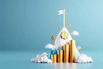 Poster - A creative display features a stylized mountain representing financial success, adorned with gold bars and coins, emphasizing growth and ambition in a business context