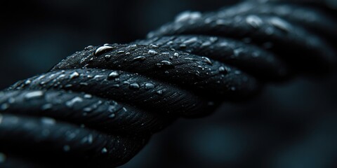 Poster - Close-up of a Wet Black Rope with Water Droplets