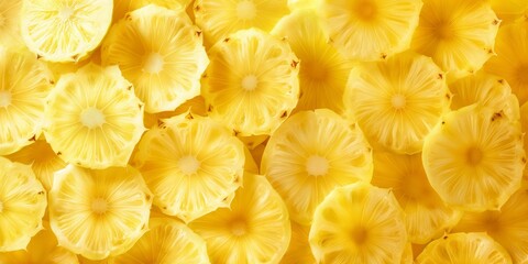 Close-up of fresh pineapple slices arranged in a pattern, showcasing the vibrant yellow flesh.