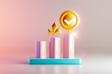 Poster - A vibrant 3D bar chart illustrates business growth, featuring a gold checkmark and a leaf symbol atop the highest bar, highlighting success and achievement in analytics