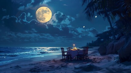 Wall Mural - Romantic dinner on the beach at full moon