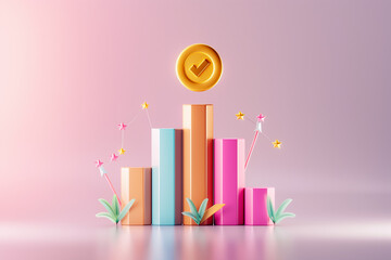 Poster - A vibrant arrangement of bar graphs in pastel colors showcases growth, topped with a golden checkmark. Decorative plants and stars add charm to the digital landscape