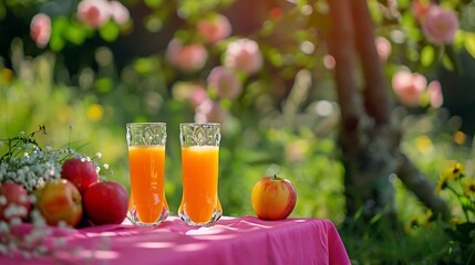 Romantic picnic in nature in summer two glasses of juice on pink tablecloth for romantic date in nature