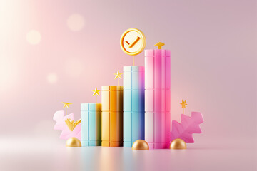 Poster - A vibrant arrangement of pastel-colored blocks resembling a bar graph stands in a modern space, highlighting growth with decorative stars and symbols around it