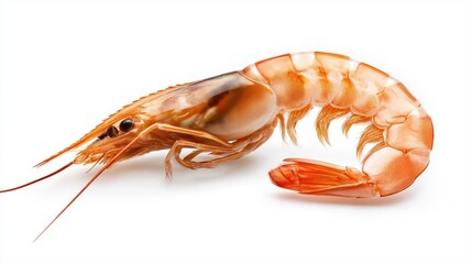 Wall Mural - Single cooked shrimp with orange and white coloring with curled tail on a white background.