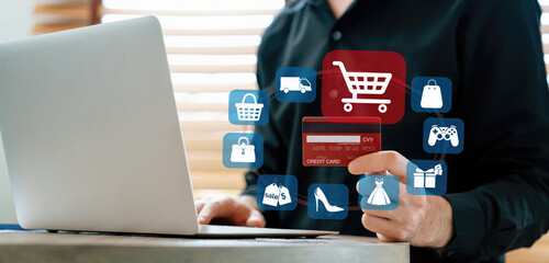 Customer open hologram graphic interface controlling device choosing online platform. Smart consumer touch gadget open e-commerce application using cashless technology shopping inventory. Cybercash.