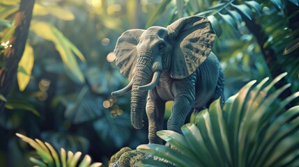 Wall Mural - a realistic elephant figurine upon tropical plant in the forest background