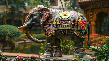 Wall Mural - Exotic elephant statue with colorful floral ornament at tourist attraction.