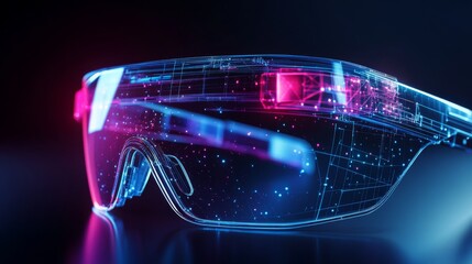 Poster - A pair of advanced wireframe smart glasses shines with futuristic light, highlighting intricate technology and design against a striking dark background, emphasizing innovation