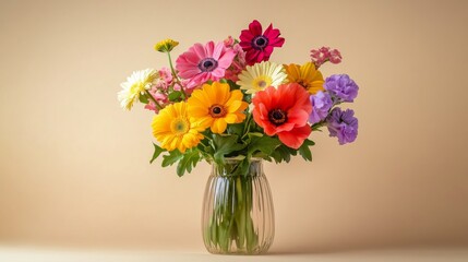 Poster - This vivid floral arrangement features a variety of colorful flowers, beautifully displayed in a clear glass vase, highlighting nature's beauty against a soft backdrop