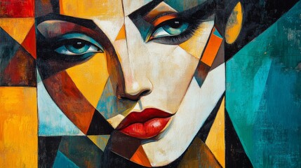 Poster - This captivating cubist artwork presents a woman's face composed of bold geometric shapes and segmented lines, creating an engaging visual experience