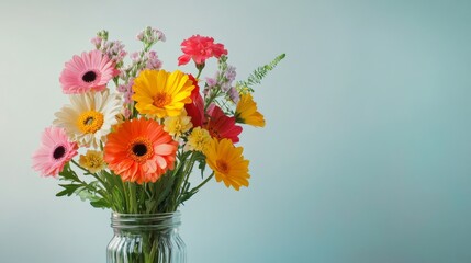 Poster - An exquisite floral arrangement features a blend of colorful flowers, including vibrant gerberas, elegantly displayed in a clear glass vase against a soft backdrop