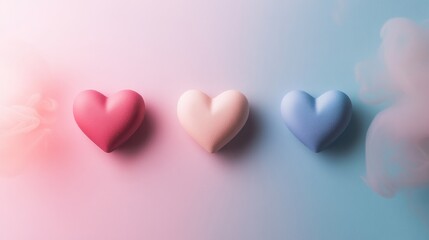 Poster - Two pastel hearts in pink and blue flank a central white heart, all set against a soothing solid background that enhances their soft appearance