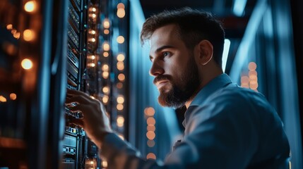 Poster - An engineer focuses intently on configuring servers in a server room, surrounded by rows of equipment and bright LED lights, ensuring everything operates smoothly