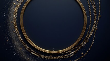 Poster - A circular golden frame features intricate chains and small stars, surrounded by shimmering glitter, set against a deep dark backdrop. The design evokes a sense of elegance and charm