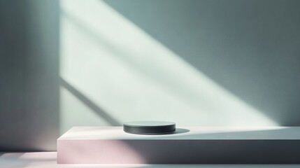 Poster - A glass surface rests on a pedestal in a minimalist studio, bathed in soft natural light from a nearby window, creating gentle shadows on the backdrop
