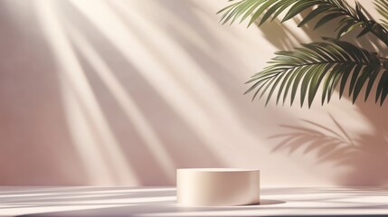 Poster - A premium empty podium stands against a sleek, minimalist backdrop, illuminated by soft light that casts gentle shadows of tropical foliage, offering an inviting setting