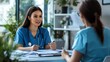 © Elmira - A nurse and a healthcare recruiter engage in an interview, discussing career opportunities in a bright and professional clinic environment