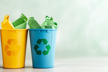 Two recycling bins sit side by side, one yellow and one blue, filled with wrinkled paper of various shades. The indoor setting emphasizes environmental responsibility