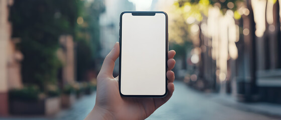 Hand holding a smartphone with a blank screen in a city setting.