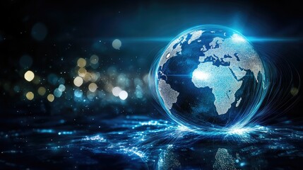 Poster - A digital earth globe wrapped in fiber optic lights, highlighting global communication and technology, with copy space.