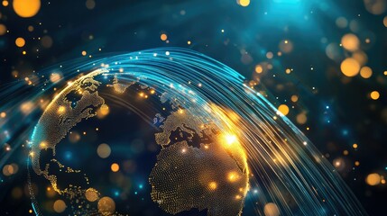 Poster - A digital earth globe wrapped in fiber optic lights, highlighting global communication and technology, with copy space.