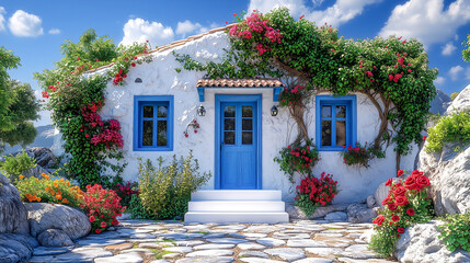 White and blue Greek-style house with creepers and roses, blue window frames and white stairs leading to the entrance, surrounded by rocks.