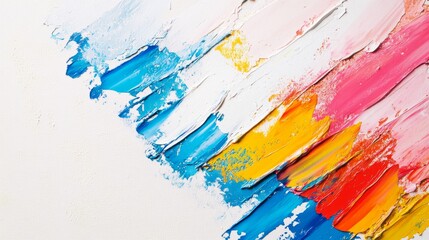 Poster - Thick brushstrokes in bright colors create an abstract design on a textured white canvas, displaying an artistic process and vibrant expression of creativity