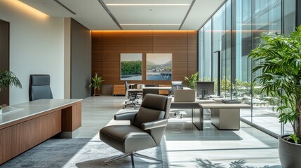 Poster - A spacious corporate office showcases open workspaces and minimalist furniture, illuminated by natural light coming through the sleek glass walls
