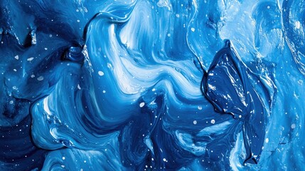 A top view of a vibrant blue paint splash, creating abstract patterns and textures.