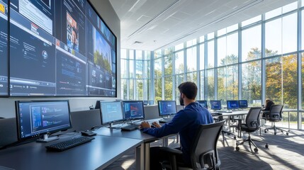Poster - A university student is seated at a sleek desk in a contemporary classroom, working intently on his computer surrounded by large screens and natural light