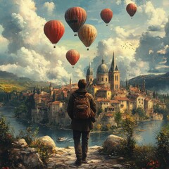 Wall Mural - Painting of a man looking at a city with balloons flying over it, travel concept