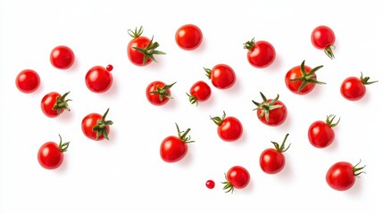 Wall Mural - A scattering of fresh, red cherry tomatoes on a white background, forming a playful pattern.