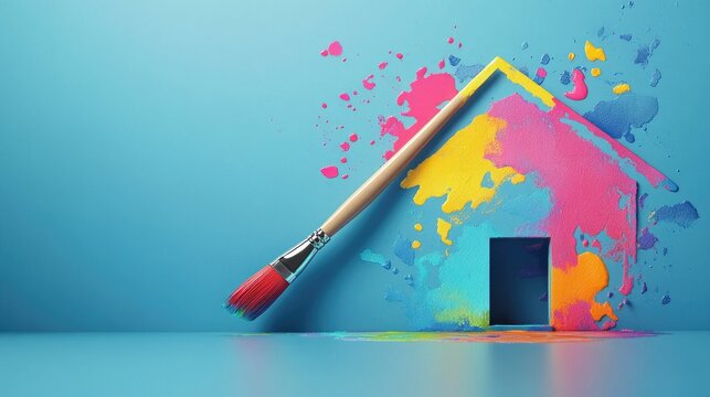 Artistic paintbrush adding colorful shapes to a house outline, symbolizing creative living spaces and home art.