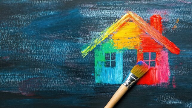 Artistic paintbrush adding colorful shapes to a house outline, symbolizing creative living spaces and home art.