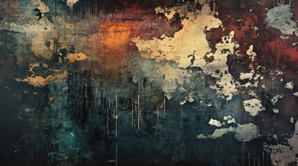 Artistic abstract grunge with layered, peeling paint and distressed surfaces in a rich, dark color palette.